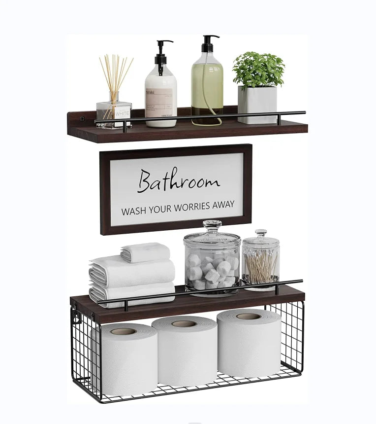 Custom Solid Wood Three-Layer Multifunction Household Bathroom Wall Shelves Toilet Paper Storage Wire Basket Floating Tools