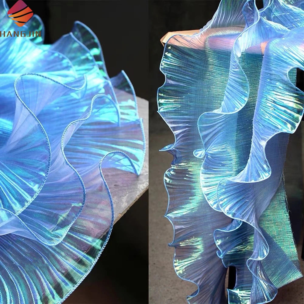 Blue Symphony Waves Gradient 3D Pleated Lotus Leaf Lace Fabric Gleam Frilled Ruffled Organza Pleated Lace Trim Decorative Cuff