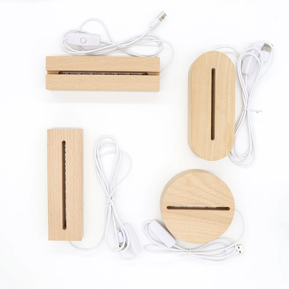 Beech Rectangular Oval LED Nightlight Base 7/3 Color Options DIY Wooden Luminous USB Rechargeable 3D Nightlight Base Monochrome