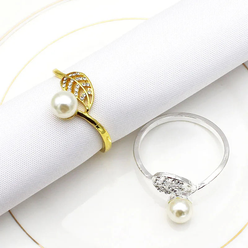 Simple Pearl Napkin Rings Metal Alloy Rhinestone Leaf Napkin Ring for Wedding Table Decoration