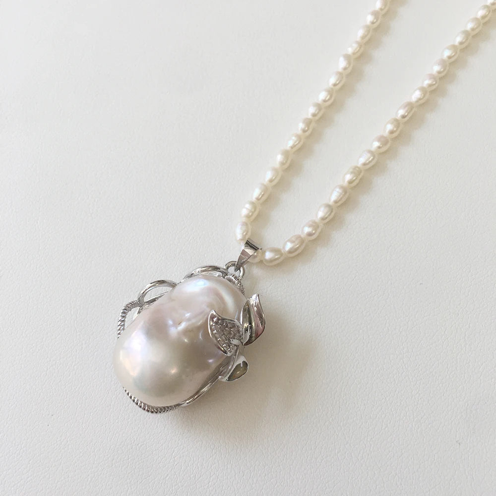 Big NATURE Baroque PEARL PENDANT NECKLACE16-20 Inch 3 mm AA Rice Shape Freshwater Pearl Choker Necklace