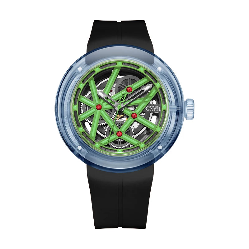 Latest Hollow Out Optical Glass Case Rubber Strap  Luminous Pointer Mechanical Diver Watch  for Men