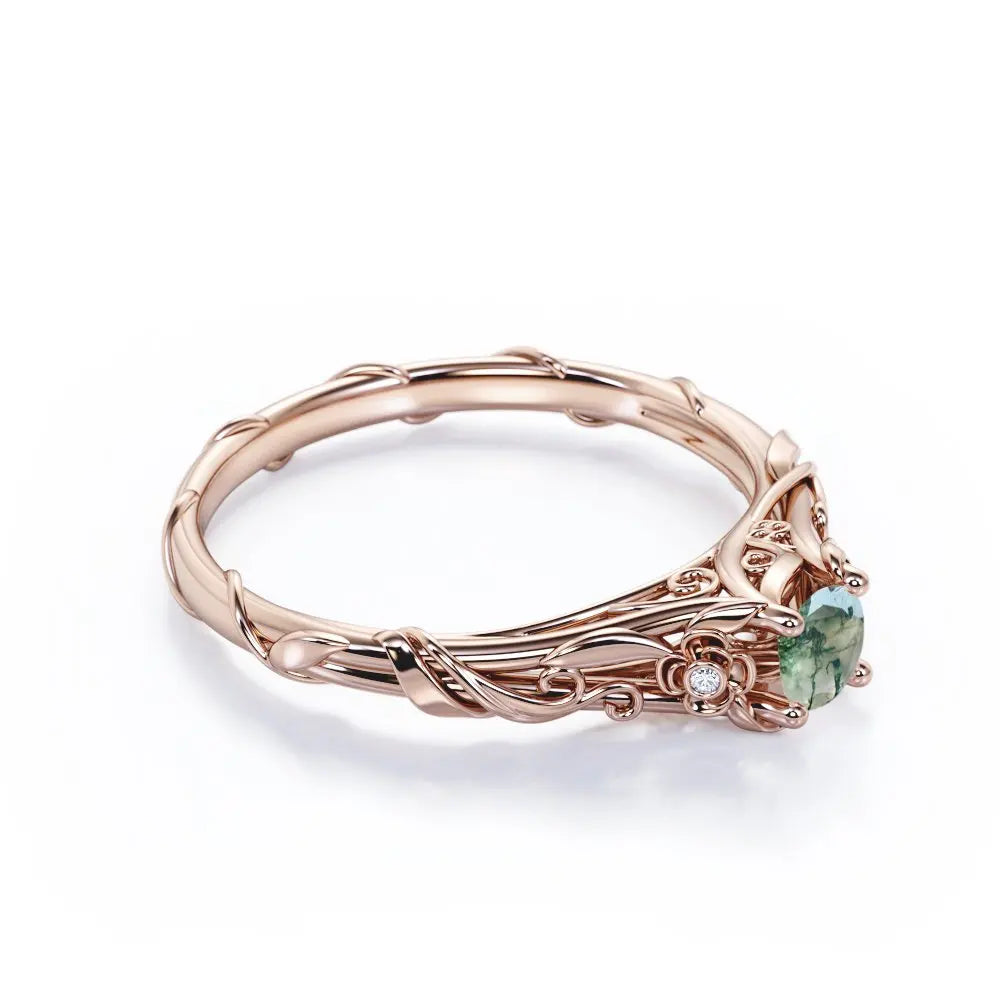 Floral Bezel Round Cut Natural Transparent Moss Green Agate Silver Gemstone Engagement Ring for Women