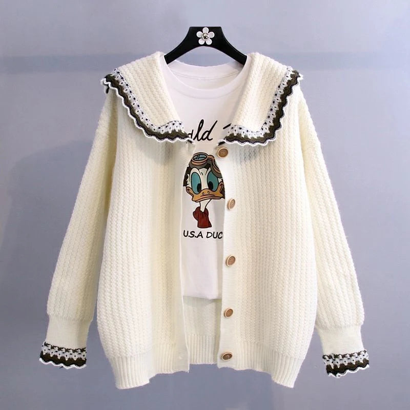 Autumn Winter Turtleneck Knit Cardigan Preppy Style Loose Lady Two-piece Set Sweater Color Block Cute Knitted Cardigan for Women