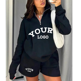 Streetwear Short Tracksuit Custom logo Casual Cotton 2 Piece Quarter Zip Pullover Sweatshirt and Shorts Set Women