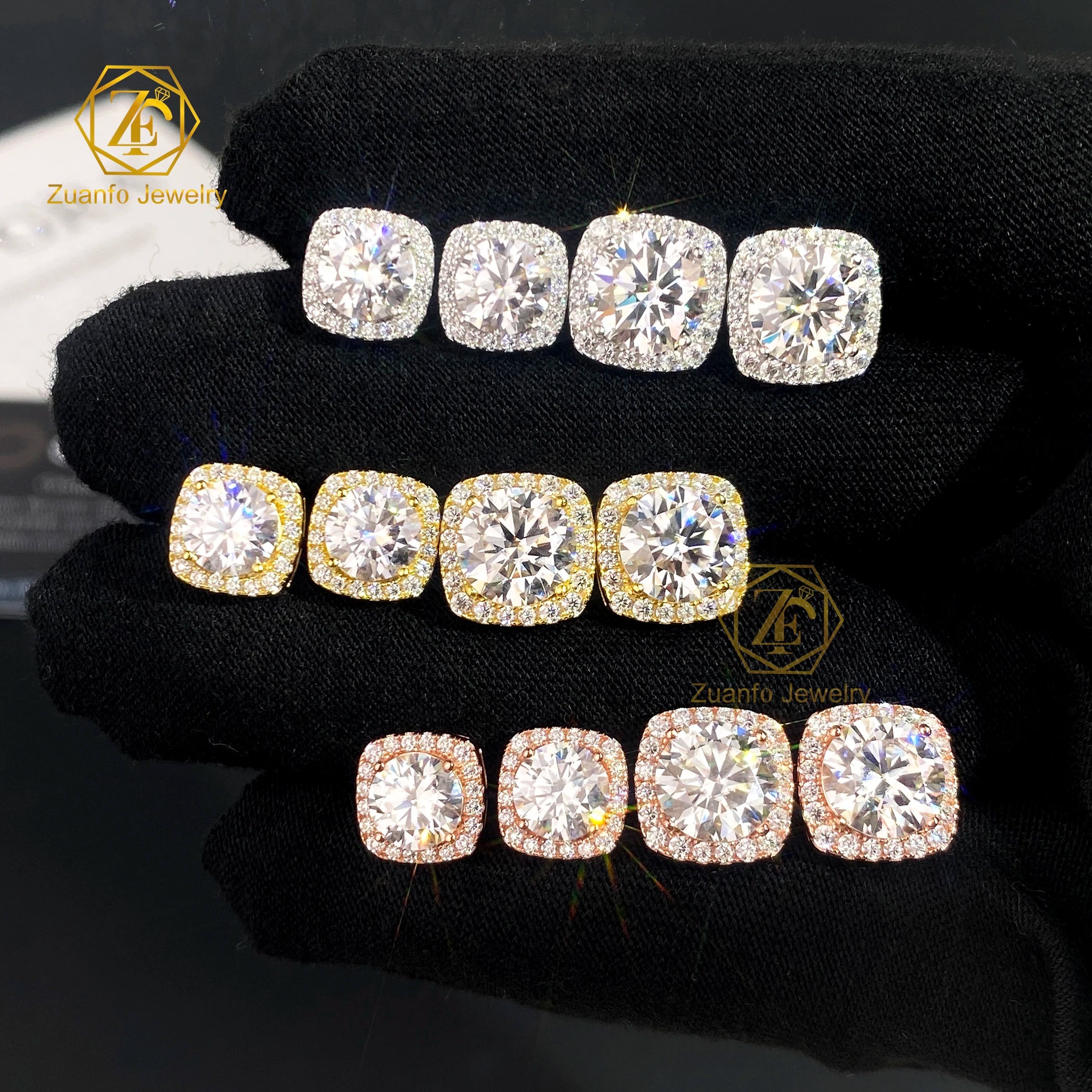 New Trendy 925 Silver Square Moissanite Diamond Halo Stud Earrings 6.5mm 8mm D VVS with GRA Certificate