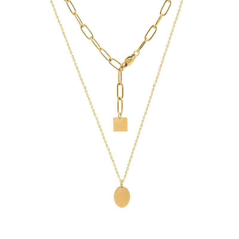 Niche Hip Hop Geometric Square Tassel Ellipse Pendant Double Layered Wear Necklace Female Clavicle Choker