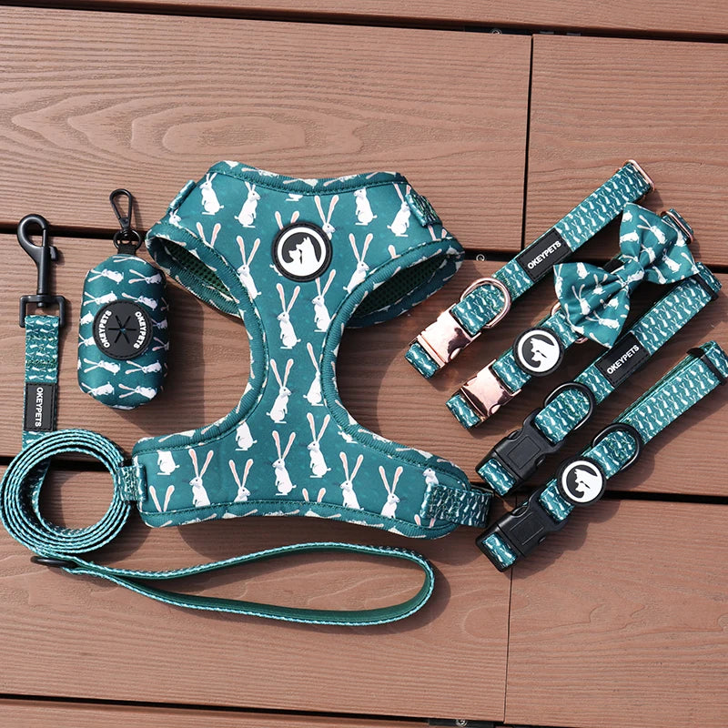 OKEYPETS Designers Pet Vest Personalized Harness Set Neoprene Adjustable Custom Bow No Pull Dog Harness Set