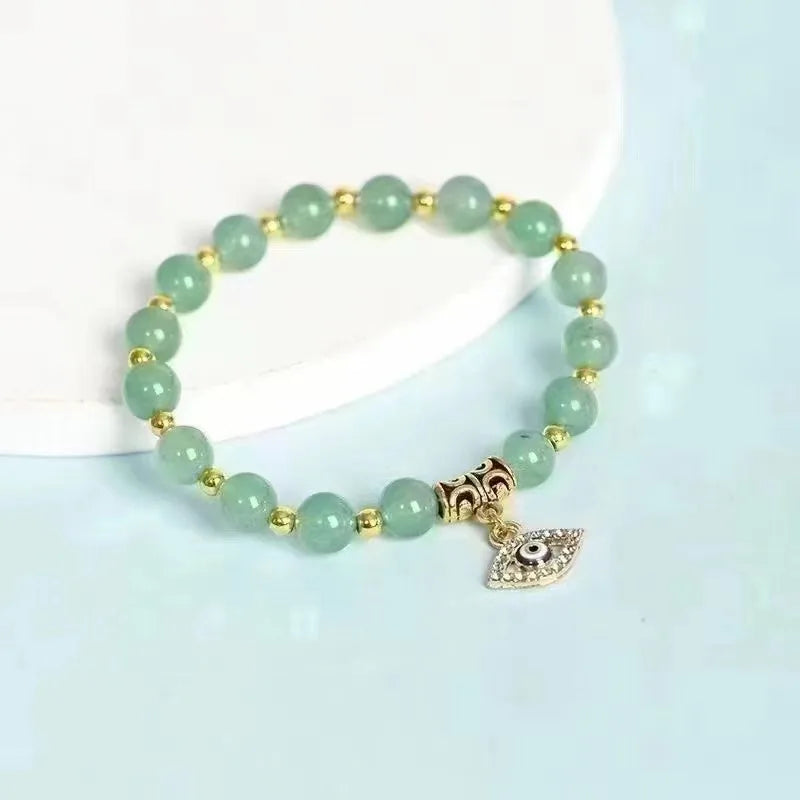 Vintage Fine Jewelry Bracelets Demon Women Natural Green Aventurine Crystal Stone Beaded Bracelet With Blue Evil Eyes Pendant