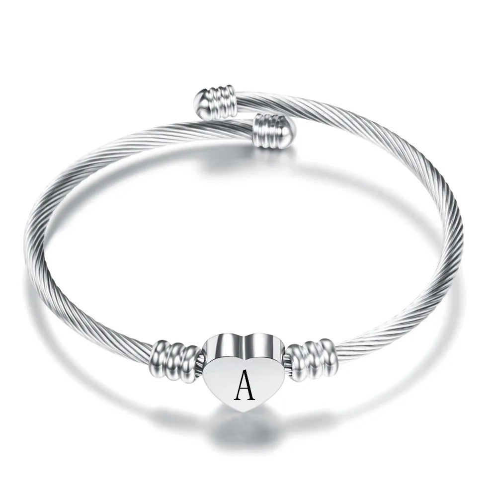 Stainless Steel Heart Bracelet Bangle With Letter Fashion Initial Alphabet Charms Bracelets for Women