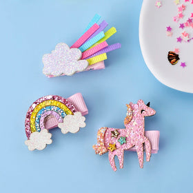 CN 3Pcs Sweet Rainbow Hair Pins Chunky Shiny Glitter Cute Cloud Pony Hair Clip for Girls Kids