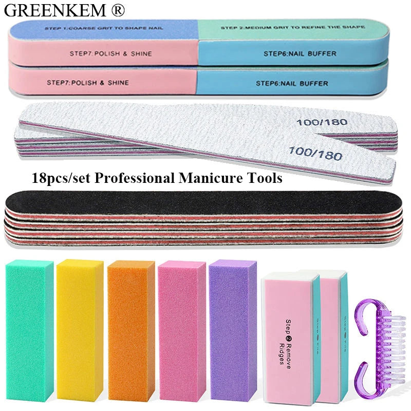 18pcs/set Professional Manicure Files Sand Sponge Files Manicure Nails Polisher Set Brush Acrylic Nail Art Files