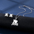 XIMAI Dainty I Love Jesus Love Heart Pendant Necklace and Stud Earrings Silver Tone Jewelry Set for Women Kids Birthday Gifts