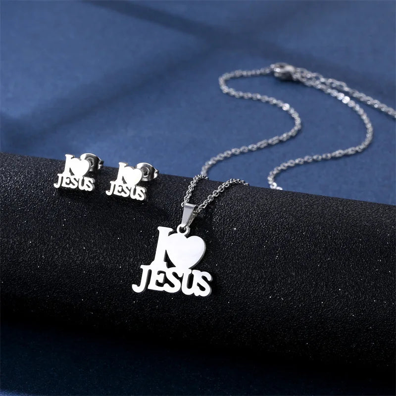 XIMAI Dainty I Love Jesus Love Heart Pendant Necklace and Stud Earrings Silver Tone Jewelry Set for Women Kids Birthday Gifts