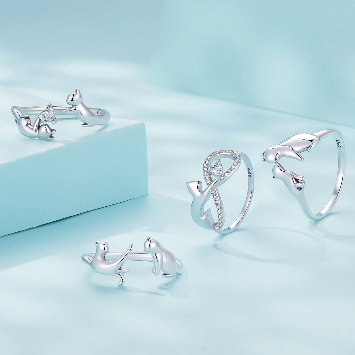 Fashion Exquisite 925 Sterling Silver Zircon Ring Set Cat Pet Design Jewelry Gift for Women Birthday