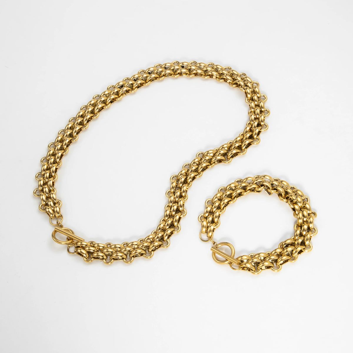 YF3363 Vintage Jewelry Waterproof Tarnish Free 18K Gold Plated Stainless Steel Weaving Chunky Necklace Thick Bracelet Set MegaBDM
