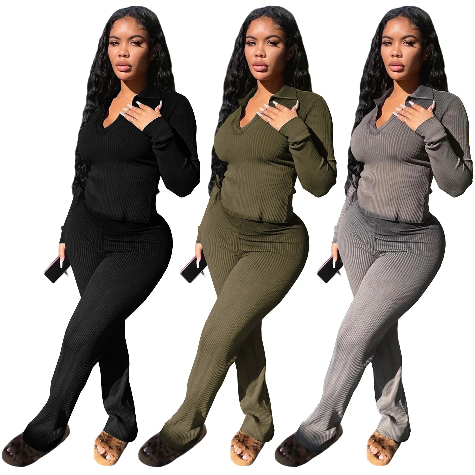 2026 Spring Women's Clothes Set Long Sleeve Lounge Wear Pants Suits Knitting Ribbed Women Clothing Two Piece Pants Set