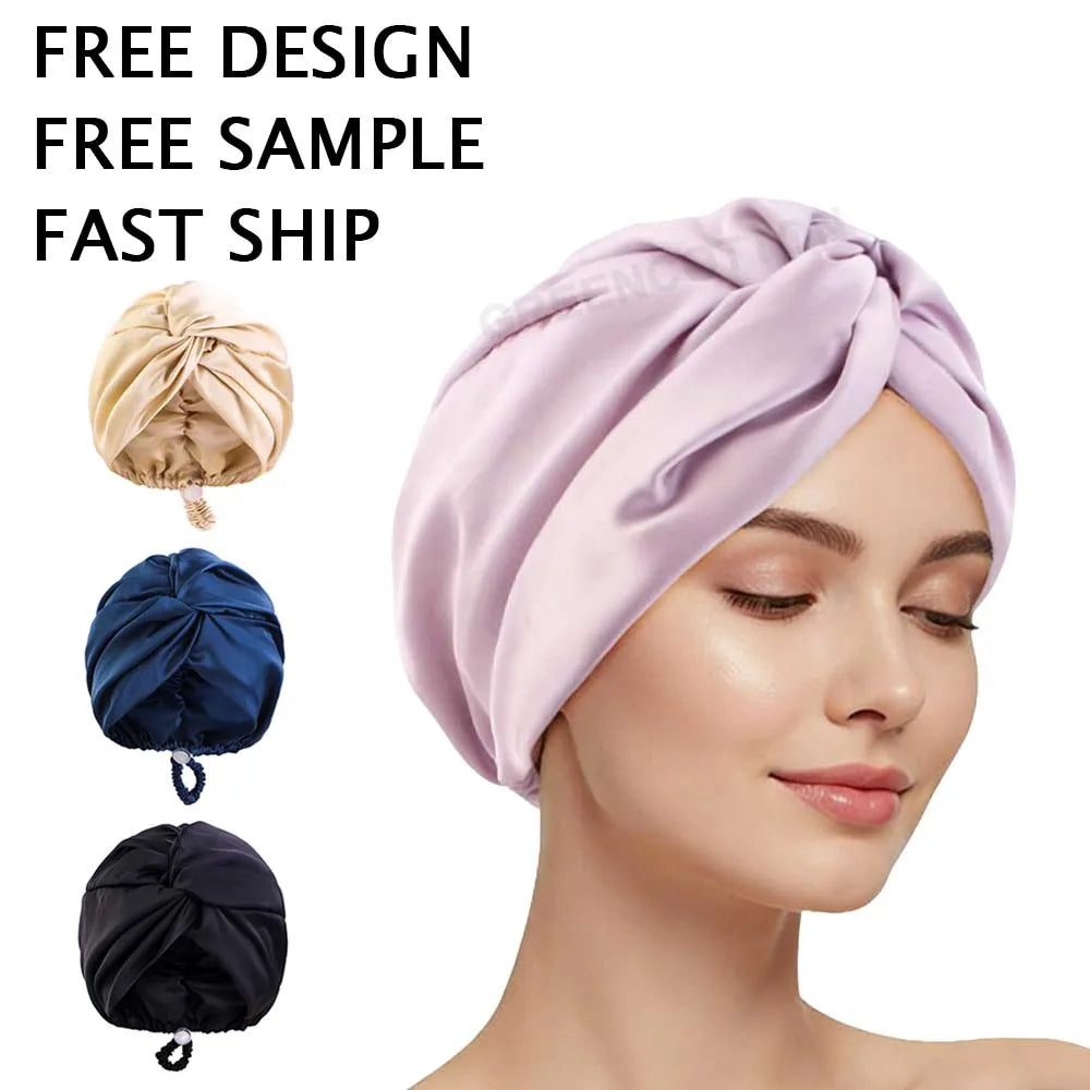 Custom Logo Adjustable Silk Cross Sleep Cap Solid Color Twisted Hat Headscarf Hat  Hair Protection Cap