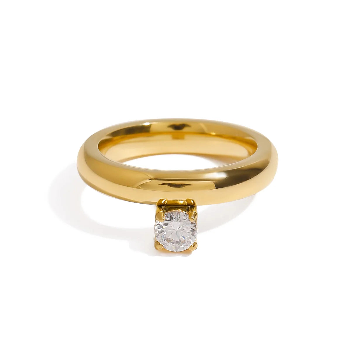 18K PVD Plated Stainless Steel Finger Ring for Women New Design Cubic Zirconia Wide Waterproof Invisible Setting Wedding Fashion