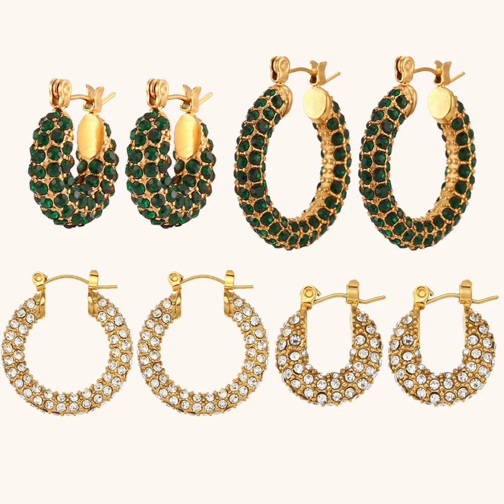 Dingran New Trendy Shining White Green Zircon Earrings Chunky Stainless Steel Gold Plated Hoop Earring Fashionable Jewelry