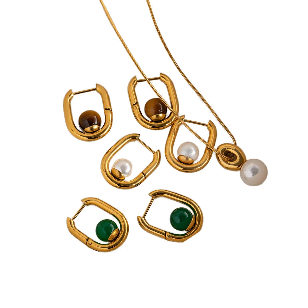 Aretas 2023 Fashion Bulk Stainless Steel Earrings Wholesale Oval Green Agate Nature Stone Pearl Earrings Women Top Trending