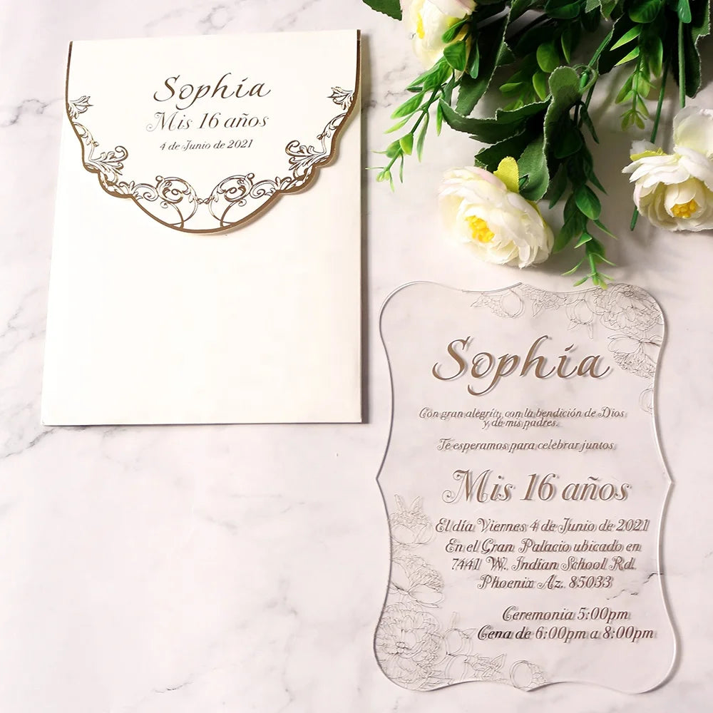 Premium Elegant Music Cross-Styled White Gold Theme 5*7 Inches Clear Acrylic Card Paper Wedding Invitations Collection Premium