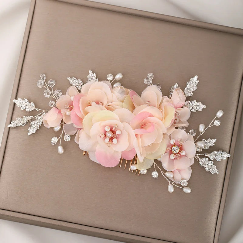 Bride's Wedding Hair Comb Women's Cloth Art Rose Flower Hair Comb Silk Flower Hair Accessories