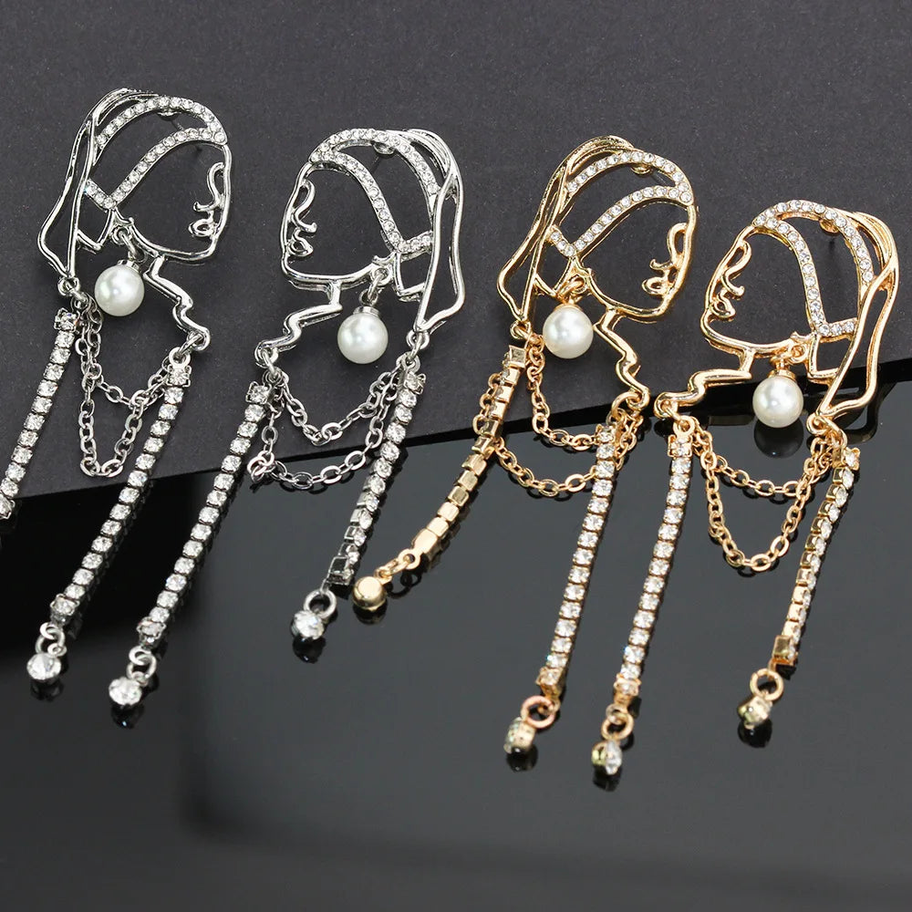 Fashion Classical Unique Style Real Gold Plated Crystal Rhinestone Tassel Chain Hollow Girl Pearl Earrings