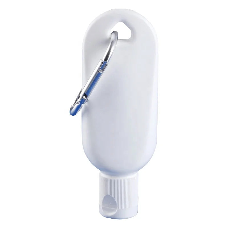 60ml HDPE Empty Plastic Bottle Hook Hanging Hand Sanitizer Spray Bottle Carabiner Screen Printing Crown Cap OEM/ODM Available