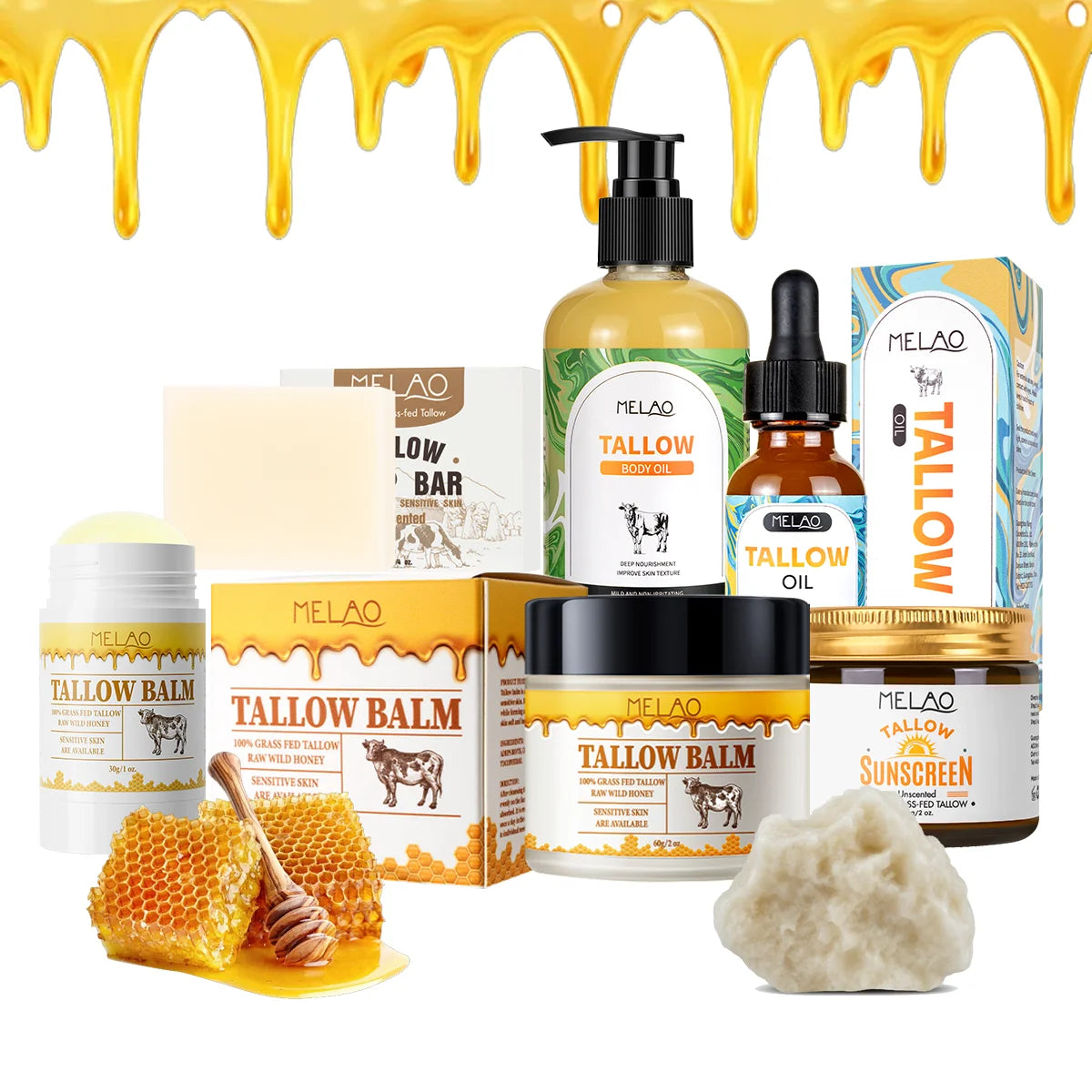 Private Label 100% Grass Fed Beef Tallow Honey Natural Skin Care Products Face Moisturizer Sunscreen Cleanse Soap Balm Cream Set