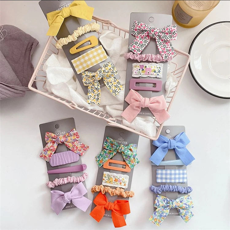 Floral Fabric Bow Hair Clip Set Girls Hair Clips Set Cute and Lovely Plain Color Hair Grips Set