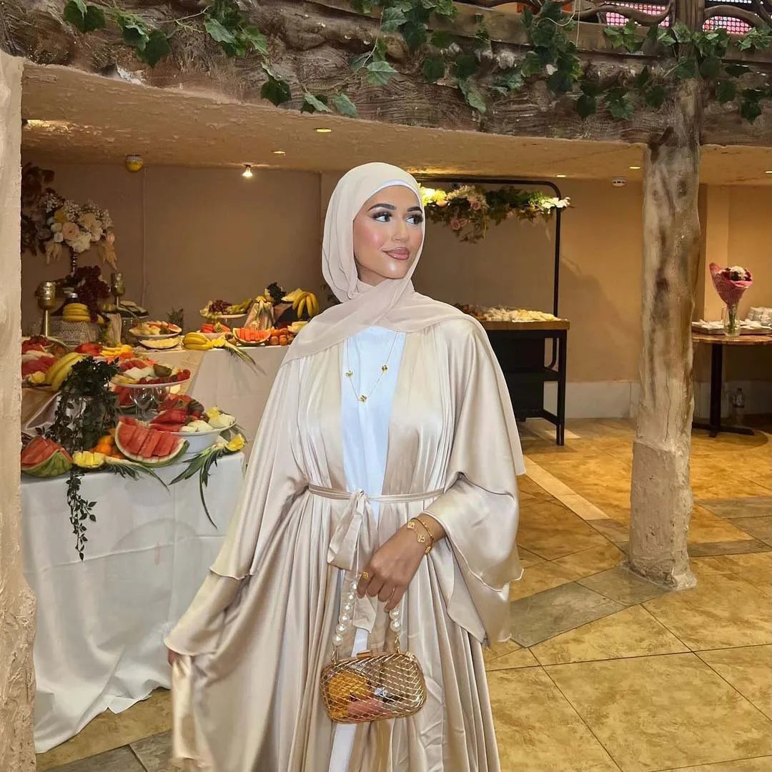 Satin Abaya Dress Abaya Women Muslim Dress Kuwait for Women Solid Color Kimono Muslim Fashion Open Abaya Dress
