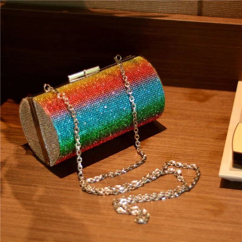 2025 Luxury Women Rainbow Clutch Purse Bling Round Party Purse Cocktail Prom Rhinestone Handbag Ladies Crystal Evening Bags