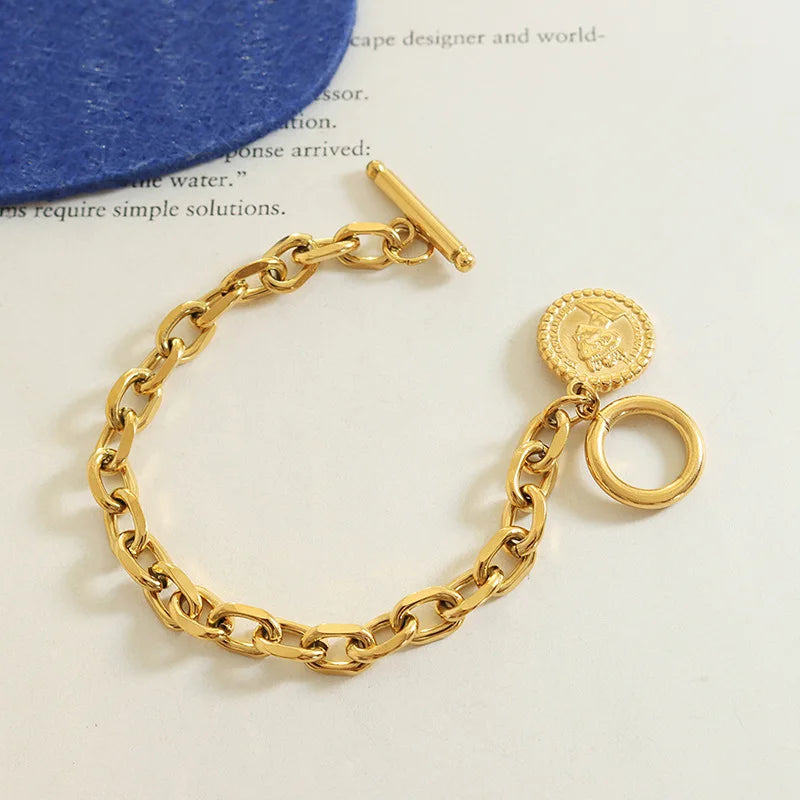 Hip Hop Queen Elizabeth Head Portrait Charms 18k Gold Plated Chunky Bracelet Stainless Steel Designer Bracelets Women