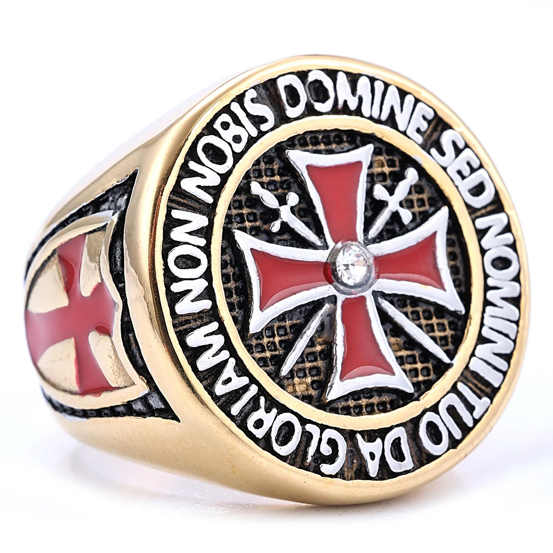 Mens Stainless Steel Gold and Silver Diamond Ring Red Knight Templar Crusader Cross Ring Domineering Templar Knight Ring