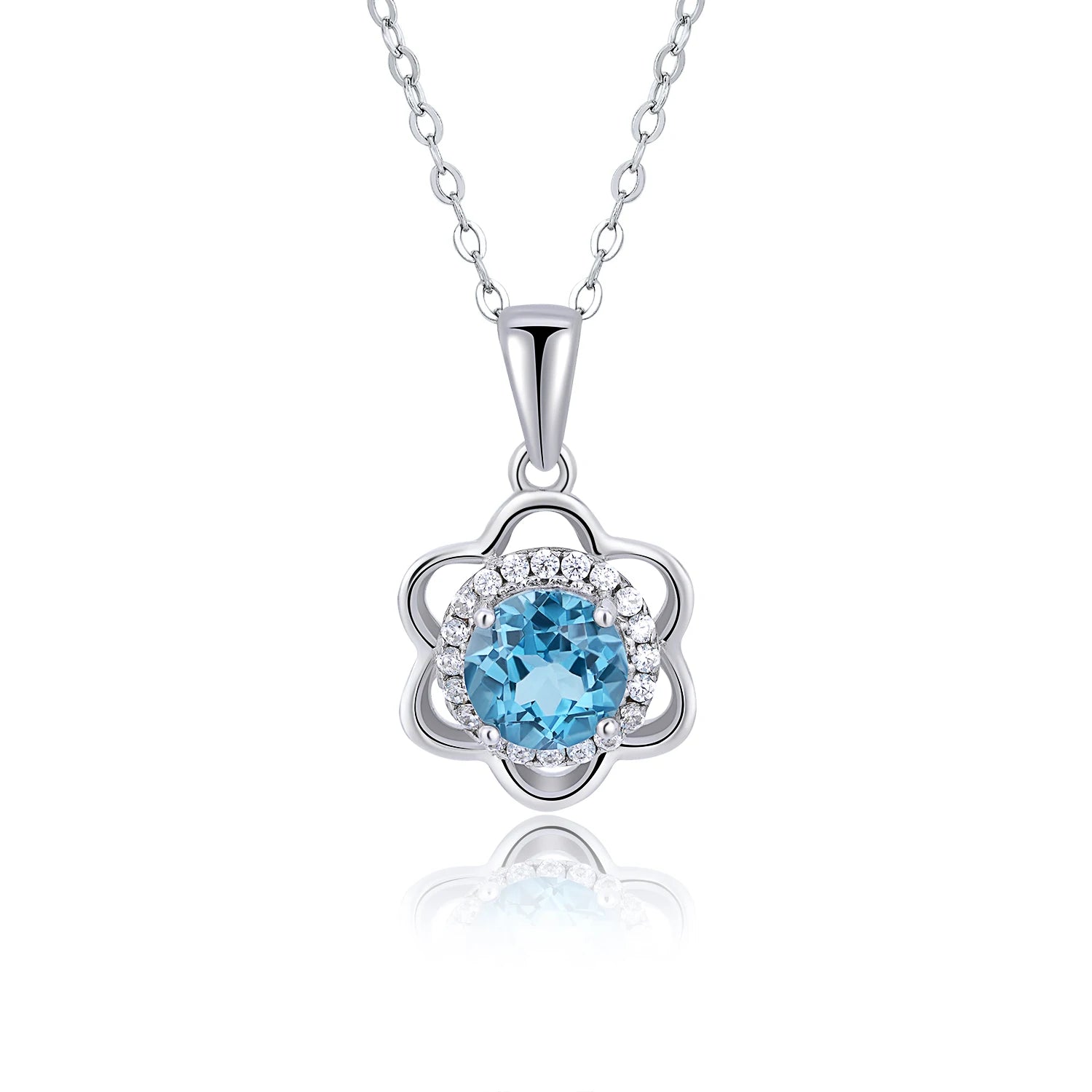 YBO Luxury 925 Sterling Silver Flower Pendant Necklace Natural for Swiss Blue Topaz Stone Trendy Clavicle Chain Women Wedding