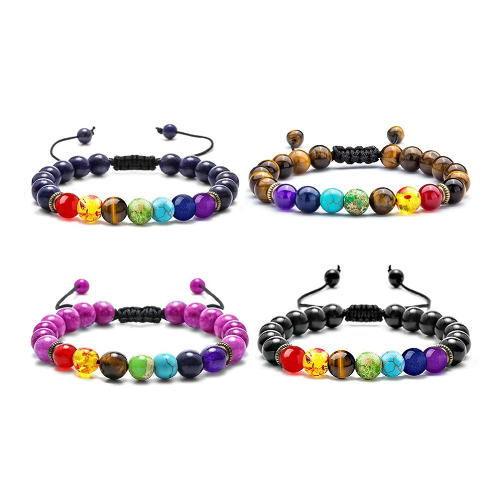 7 Chakra Men's Braided Beads Bracelet With Lava Stone Tiger Eye Green Jade Turquoise Healing Balancing Round Yoga Jewelry