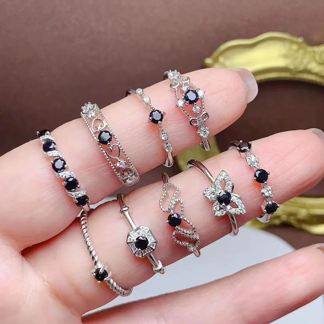 Factory Wholesale Fashion 925 Sterling Silver Natural Black Spinel Gemstone Jewelry Women Rings