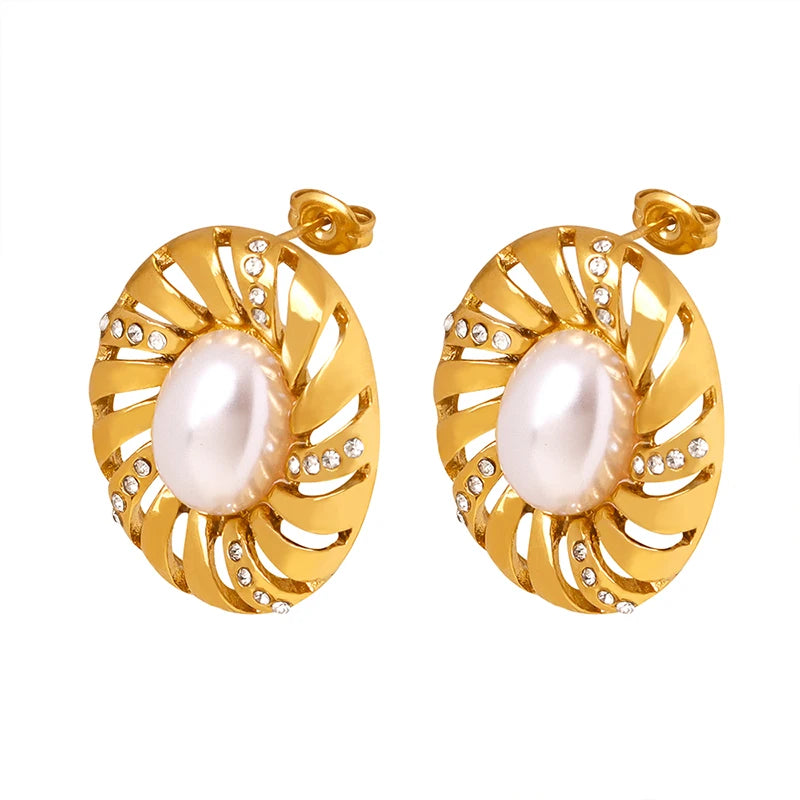 Stainless Steel 18K Gold Plated Crystal Imitation Pearl Earrings Trendy Fashion for Women for Parties and Weddings