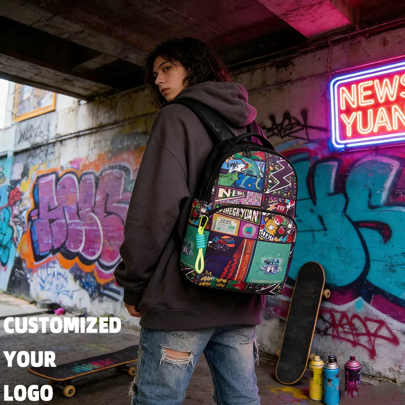 Customized LOGO FSY Female Fashion Student Graffiti PVC Backpack Geometric Pattern Zipper Waterproof Air Cushion Belt Leisure