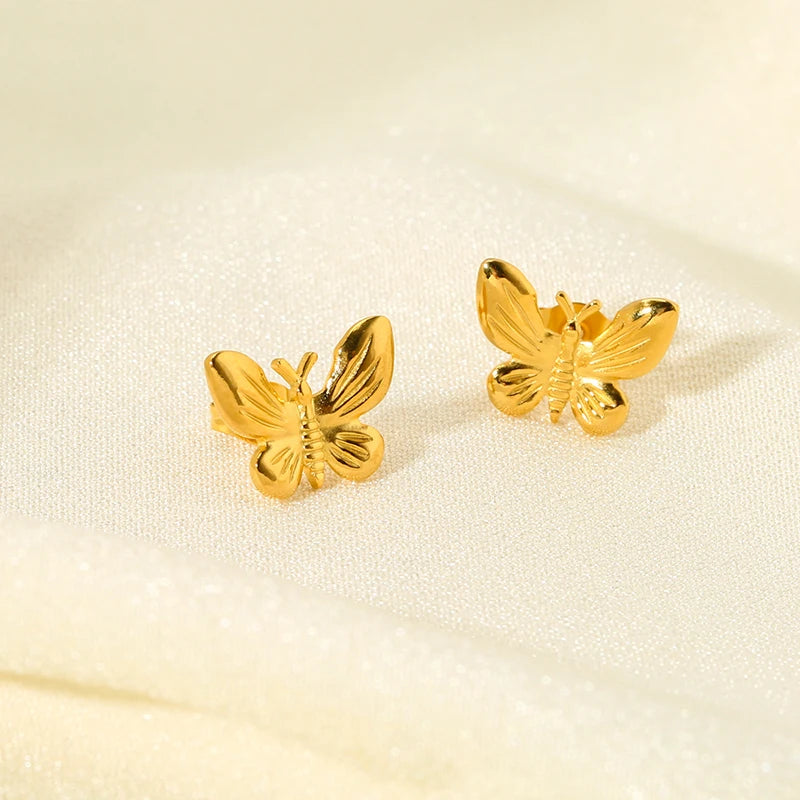 INS 18K Gold Plated Stainless Steel Dainty Butterfly Stud Earring Waterproof Cute Post Earring Jewelry for Anniversary Gift