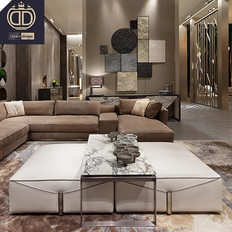 Rectangle Extra Large Coffee Table Ottoman Marble Top Stainless Steel Base Leather Accents Modern Italian Living Room Furniture