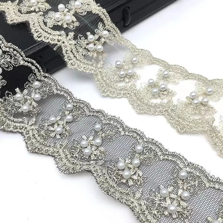 Bridal Veil Polyester Flower Water Soluble  Pearl Beaded Ribbon Home Tex Lace Trim
