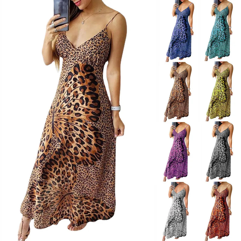 Custom Plus Size Sling Leopard Sexy Women Dress Print Butterfly V Neck Sleeveless Maxi Chiffon Elegant Prty Dress Beach