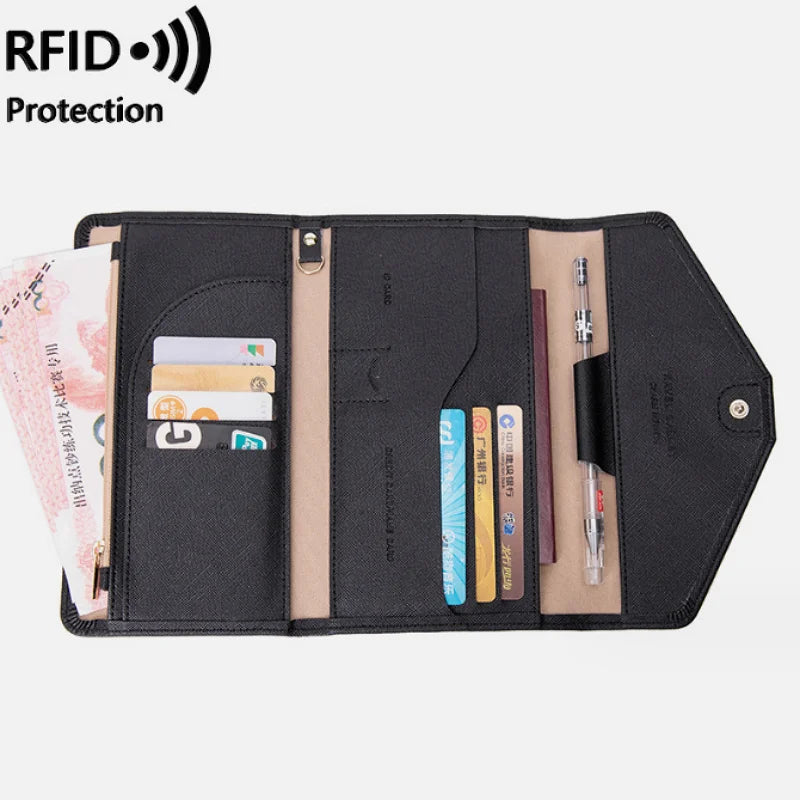 Lady Fashionable RFID Blocking Travel Document Organizer Waterproof PU Leather Card Holder Wallet Anti-Theft Passport Holder