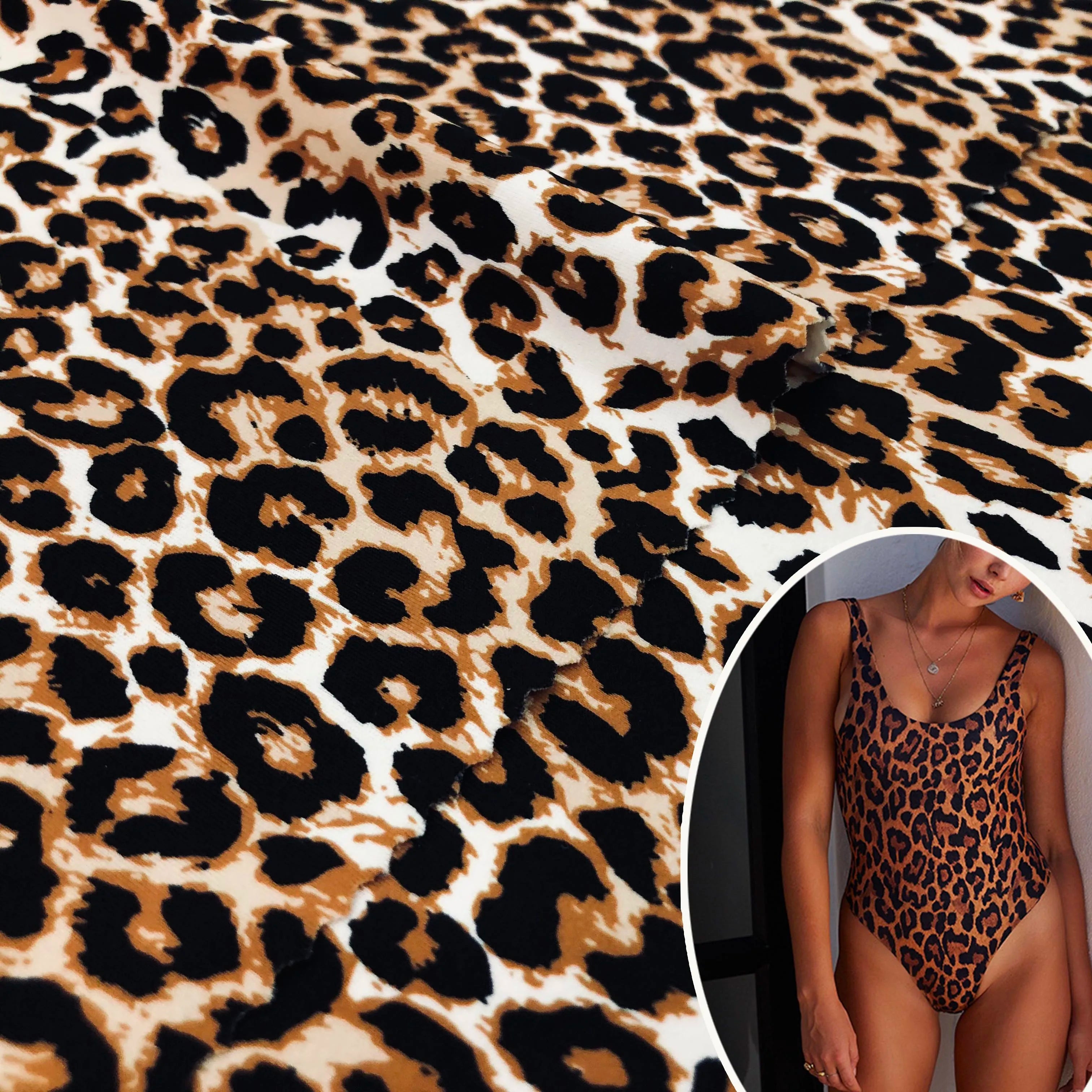 Leopard Pattern Printing on Nylon Spandex Knit Black White Blown Animal Print Fabric