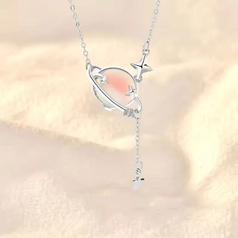 925 Sterling Silver Platinum Plating Moonstone Planet Star Tassel Chokers Necklace