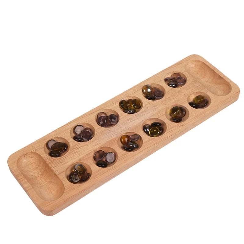 Educational Toy Wooden Mancala Board Game With 48 Chess Kids Brain Teaser Games Natural Wood Color