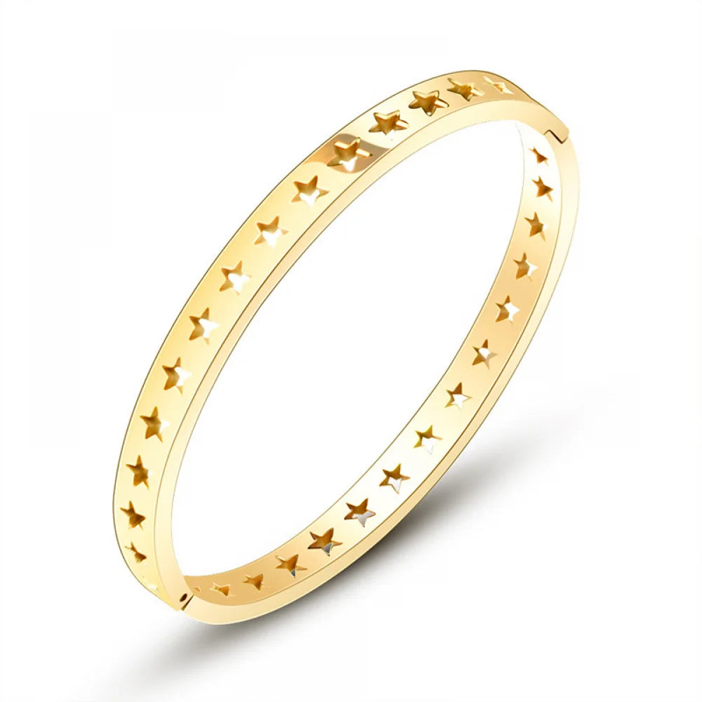 Women Wholesale Fashion Anti Tarnish Pvd Waterproof Jewelry 18K Gold Plated Hollow Star Stainless Steel Bangle Bracelet