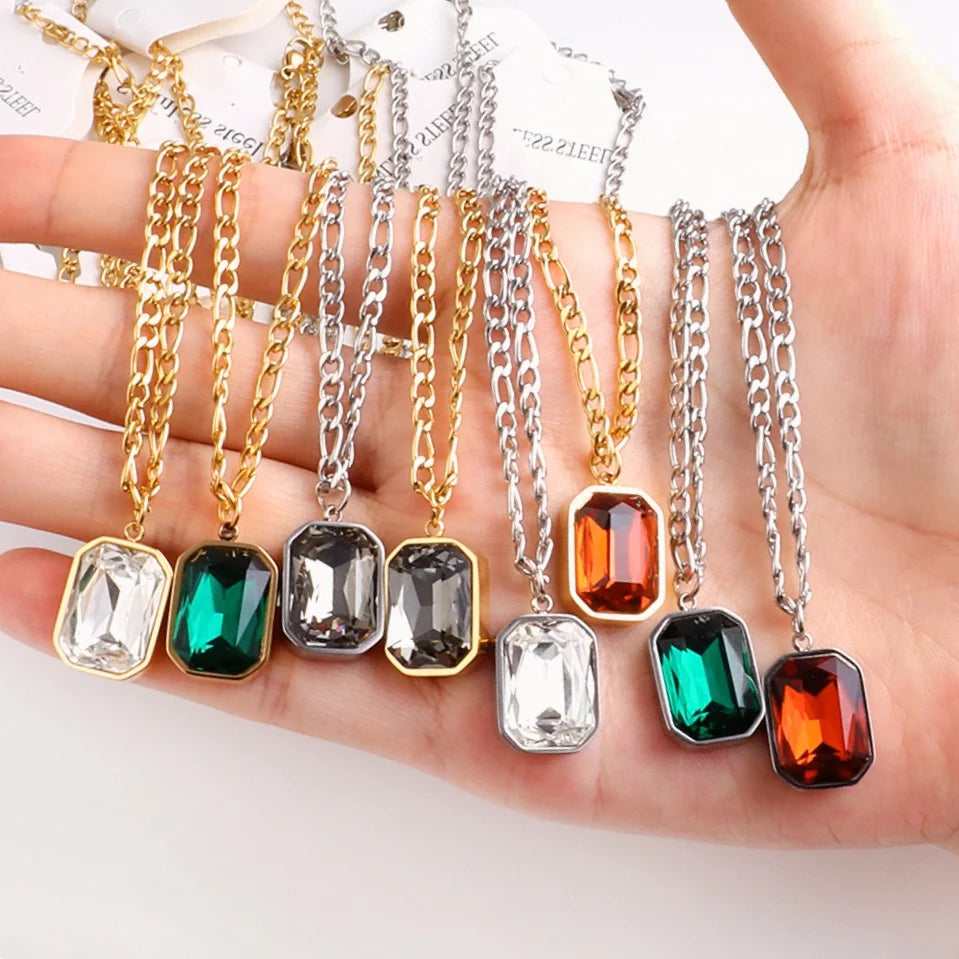 Dainty Stainless Steel Gemstone Necklaces Jewelry Figaro Chain Zircon Necklace 18k Gold Plated Square Cubic Zirconia Necklaces